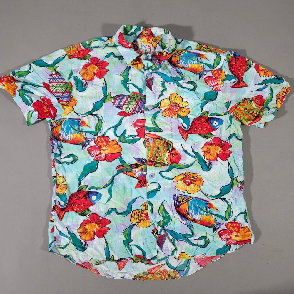 Jams World Button Up Shirt Mens Large Multi Color Fish Floral Tropical M38RE